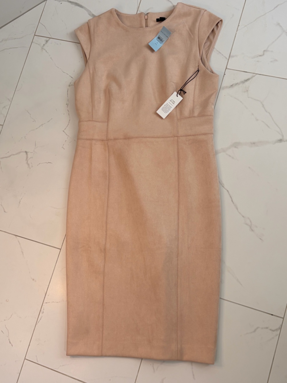 Ann Taylor- NWT faux suede Classic Sleeveless Sheath Dress in beige. 8 petite.